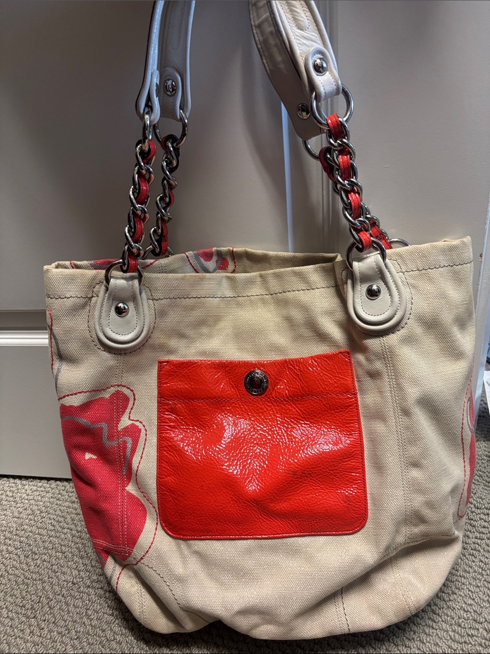 Coach Coral and Cream Floral Canvas Tote with Chain-Detail Straps - Picture 4 of 6